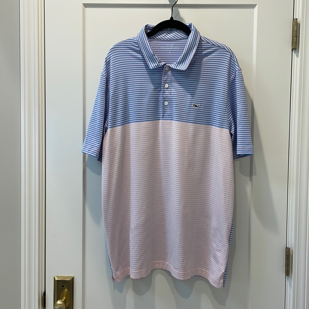Vineyard vines pink, white and blue striped polo
